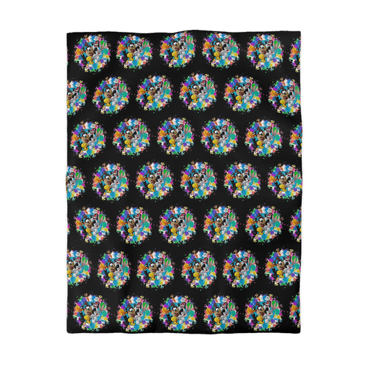 Vibrant Kaleidoscope Looney Toons Pattern on Black Duvet Cover